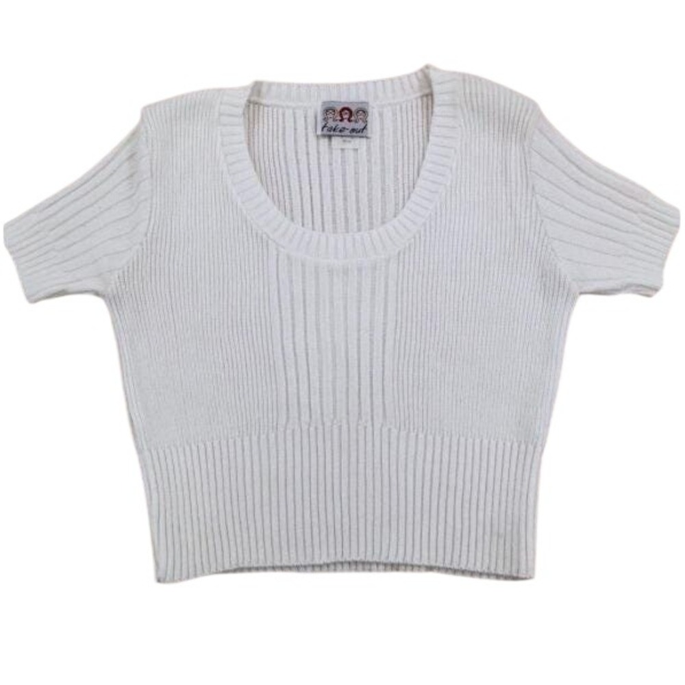 Take-Out Knit Top Womens Medium White Ribbed Short Sleeve 90s Y2K Minimalist